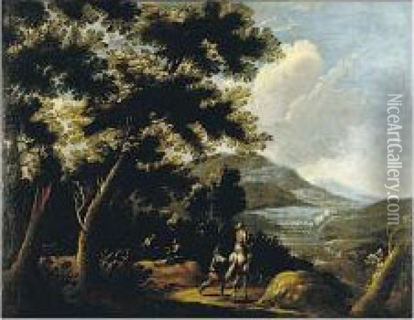Travelers In An Extensive Landscape: A Pair Of Paintings Oil Painting - Pandolfo Reschi