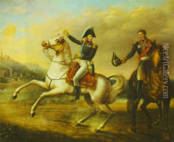 Napoleon And Alexander I, After The French Victory At The Battle Of Friedland, June 1807 Oil Painting - Alexander Ivanovich Sauerweid