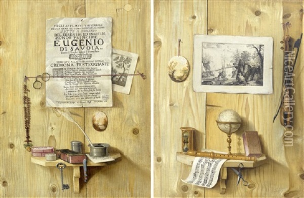 Pair Of Works: Trompe-l'oeil With Rosary, Spectacles, Book And Ink Well/ Trompe-l'oeil With Globe, Musical Instruments, Score And Hour Glass Oil Painting - Antonio Gianlisi