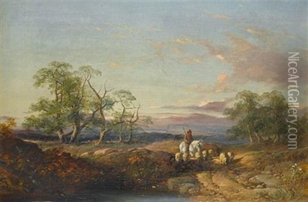 Landscape With Sheep And Drover (+ A Family Group On A Country Lane; Pair) Oil Painting - James Duffield Harding