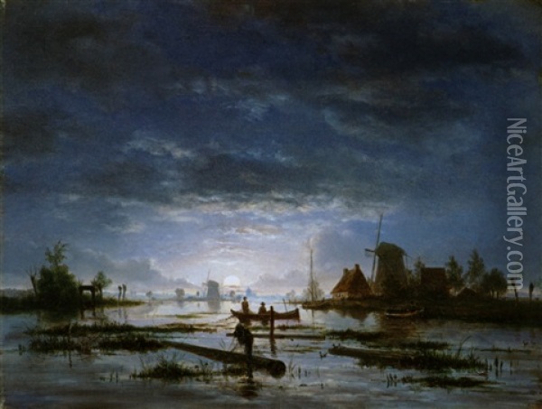 Flusslandschaft Bei Mondschein Mit Fischern Oil Painting - Jacobus Theodorus Abels