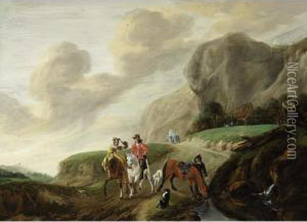 A Hilly Landscape With A Falcon Hunt Together With Horsemen, A View Of A Farmhouse Beyond Oil Painting - Claes Van Beresteyn