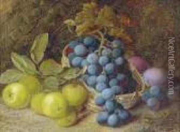 Grapes In A Basket, Apples And Plums On A Mossy Bank Oil Painting - Vincent Clare