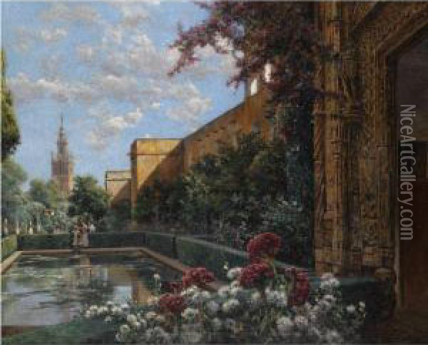 Jardin Del Real Alcazar De Sevilla (real Alcazar Garden,seville) Oil Painting - Manuel Garcia y Rodriguez