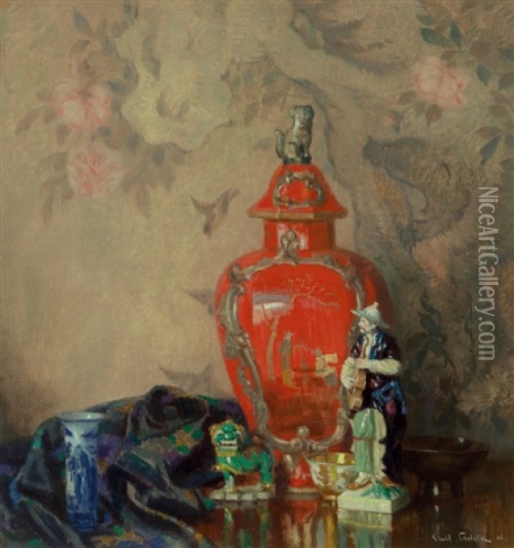 Still Life With Red Urn And Asian Figurines Oil Painting - Emil Carlsen