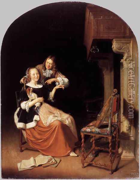 Lady with a Pet Dog 1672 Oil Painting - Pieter Cornelisz. van SLINGELANDT