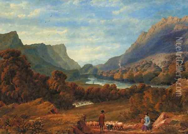 A shepherd herding sheep on a track in a Welsh valley Oil Painting - William Turner