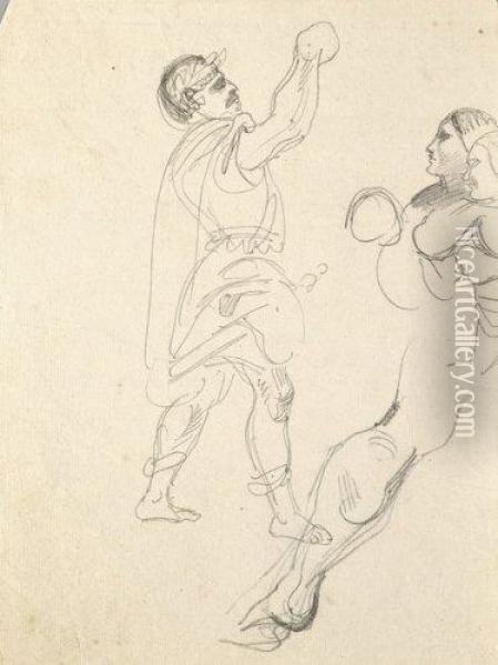 Etude D'un Homme A L'antique, Deux Visages De Femmes De Profil, Unejambe Oil Painting - Eugene Delacroix