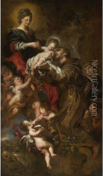Madonna And Child Adored By Saint Francis Of Assisi Oil Painting - Domenico Piola