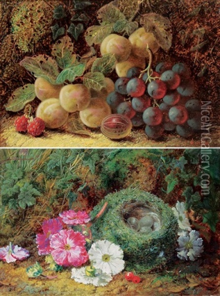 Untitled - Still Life With Plums, Grapes And Raspberries (2 Works) Oil Painting - Oliver Clare