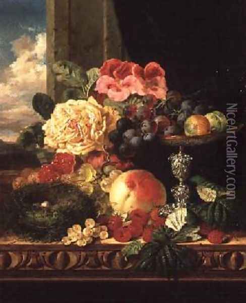 A Still Life of Fruit and Flowers Oil Painting - Edward Ladell