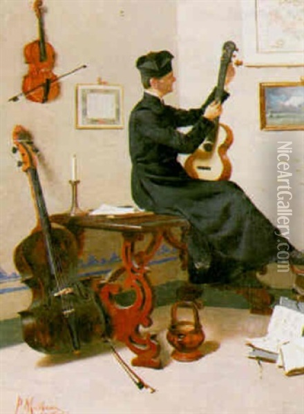 An Interior With Seated Cleric Tuning His Guitar Surrounded By A Viola And Violoncello Oil Painting - Pompeo Massani