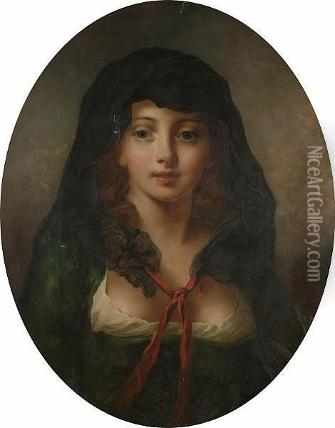 Portrait Bust Length Of A Beautiful Girl Wearing A Black Cape With A Red Ribbon Oil Painting - Jean Baptiste Greuze