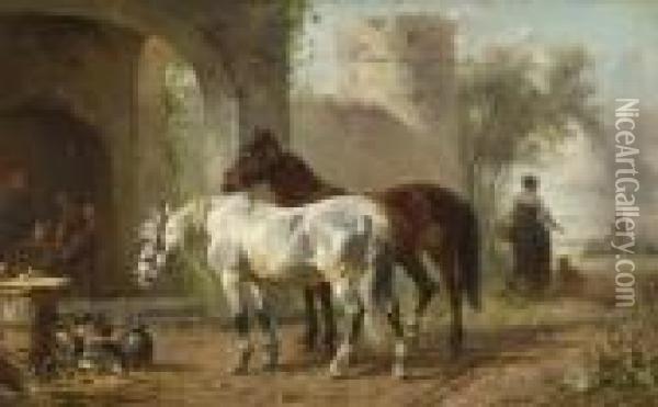 Zwei Pferde Auf Der
 Dorfstrase. Oil Painting - Ludwig Hartmann