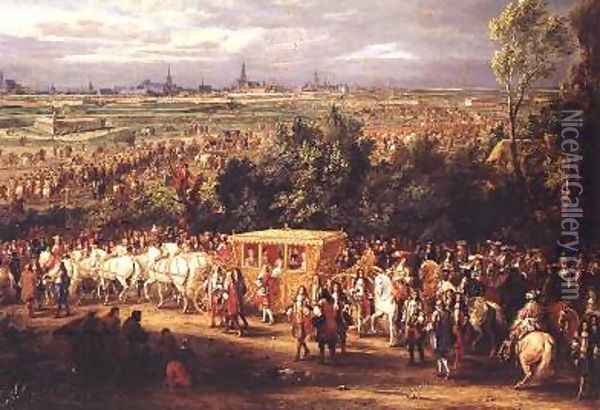 The Entry of Louis XIV 1638-1715 and Marie-Therese 1638-83 of Austria in to Arras 30th July 1667 1685 2 Oil Painting - Adam Frans van der Meulen