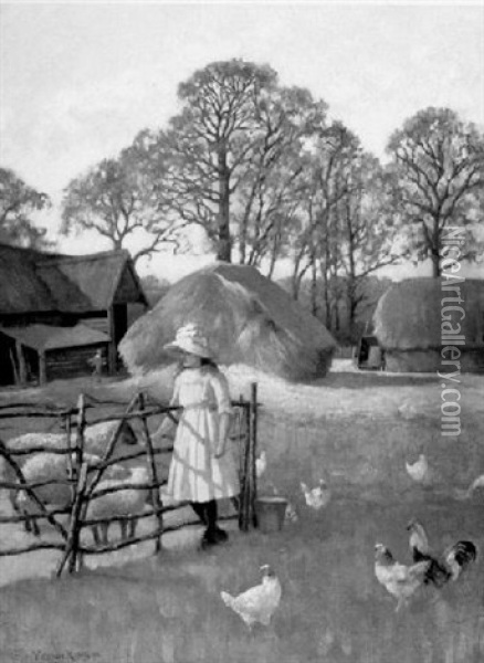 Girl Feeding Sheep In A Barn Yard Oil Painting - Henry John Yeend King
