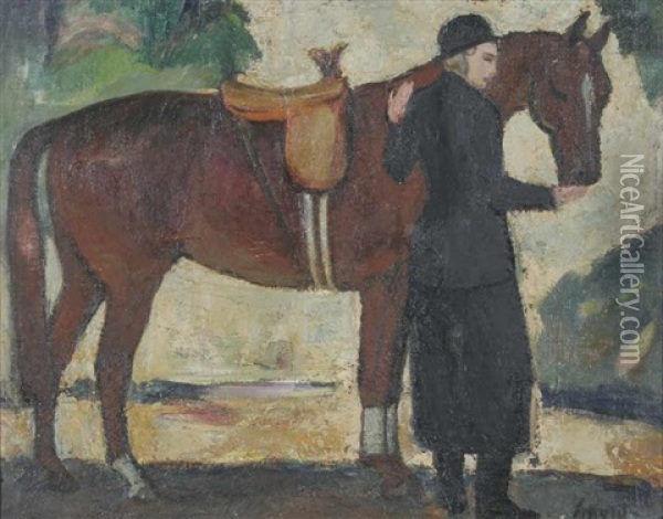Dame Im Reitdress Beim Futtern Ihres Pferdes Oil Painting - Karl Scheld