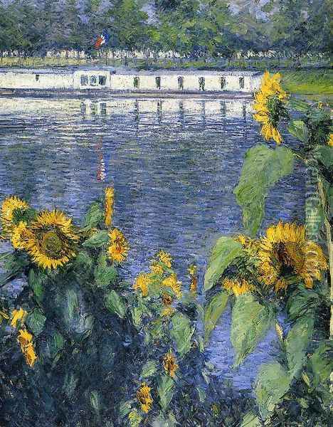Sunflowers On The Banks Of The Seine Oil Painting - Gustave Caillebotte
