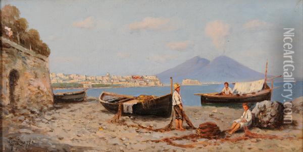 Pescatori Alla Rete Sullo Sfondo Del Vesuvio Oil Painting - Giuseppe Laezza