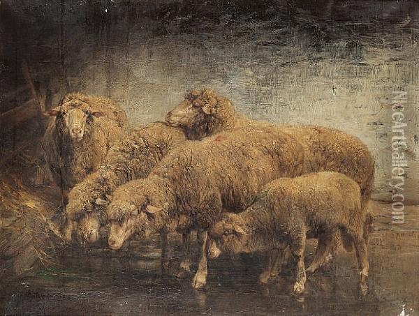 Sheep In A Barn Oil Painting - Heinrich Johann Von Zugel