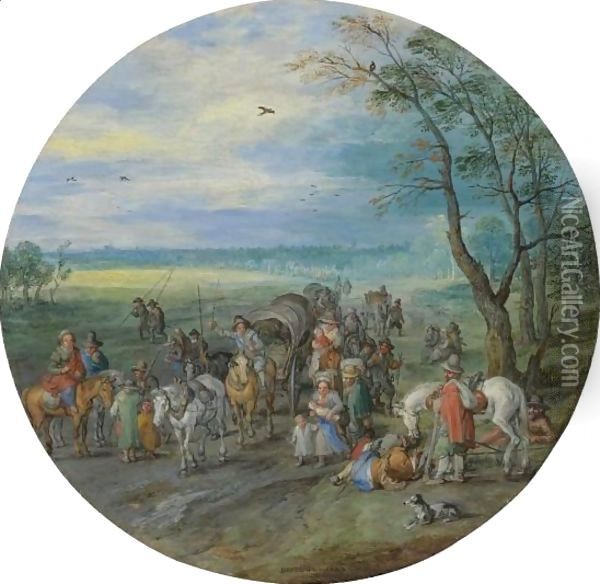 A Landscape With Travellers On A Road Passing A Small Copse Oil Painting - Jan The Elder Brueghel