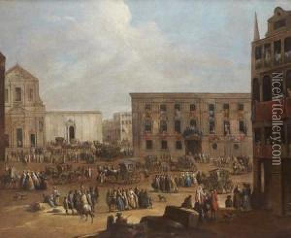 Vue D'une Place Probablement A Naples Oil Painting - Giovanni Richter