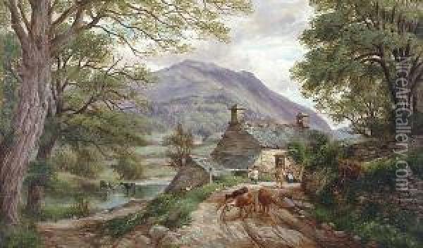 A Welsh Valley Scene With Figures And Cattle By A Cottage Oil Painting - John Joseph Hughes