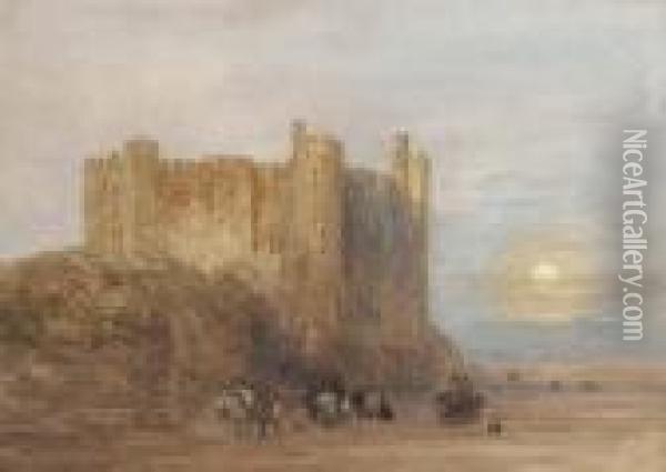 Laugharne Castle, Carmarthen Bay, At Low Tide, A Full Moon Rising Oil Painting - David I Cox