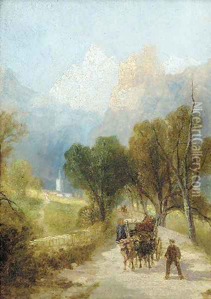 Travellers on an Alpine path, below what is thought to be the Matterhorn Oil Painting - English School