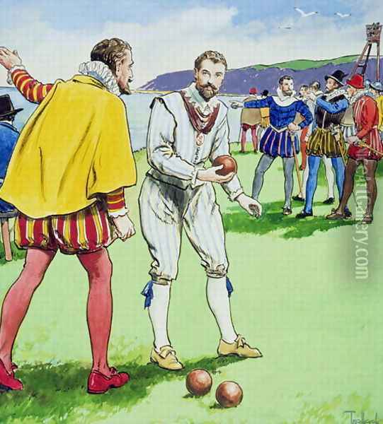 Sir Francis Drake 1540-3-96 playing bowls, from Peeps into the Past, published c.1900 Oil Painting - Trelleek