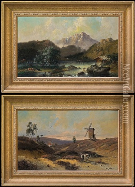 Mountain Lake (+ Windmill Landscape; 2 Works) Oil Painting - Carl Georg Koester