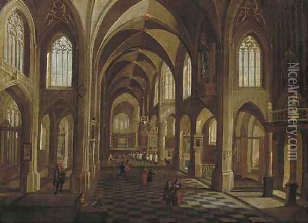 The interior of a cathedral with elegant figures, a procession beyond Oil Painting - Peeter, the Younger Neeffs