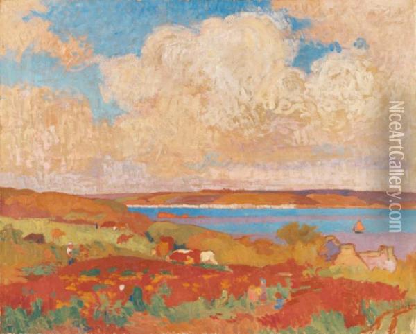 Paysage, Mer Et Moisson En Bretagne Oil Painting - Jules Emile Zingg