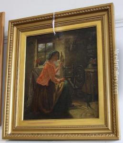 At The Spinning Wheel Oil Painting - William Henry Midwood