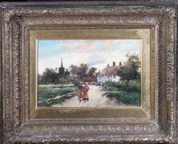 Two Girls On A Country Lane At Sunset With Thatched Houses And Achurch Spire In The Background Oil Painting - Thomas Eyre Macklin