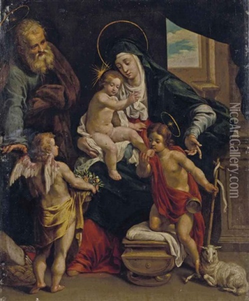 La Sainte Famille Avec Saint Jean-baptiste Et Un Ange Oil Painting - Denys Calvaert