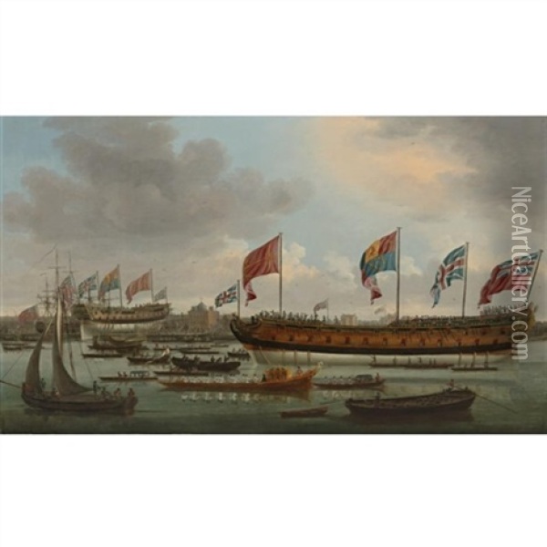 Launch Of The Man-of-war Edgar, Deptford Oil Painting - John Cleveley