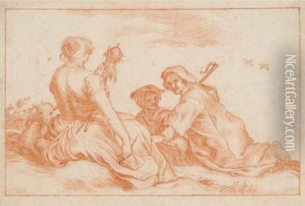 Two Resting Shepherds And A Woman Spinning Oil Painting - Abraham Bloemaert