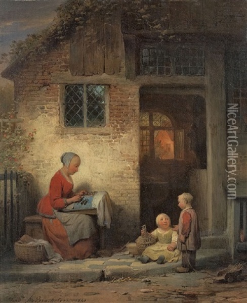 Eine Mutter Mit Zwei Kindern Vor Ihrem Hause Oil Painting - Ferdinand de Braekeleer the Elder