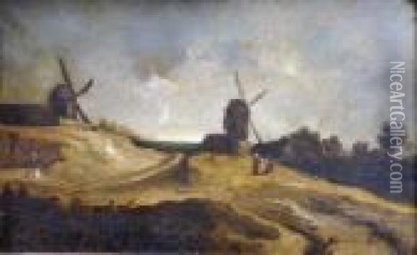 Deux Personnages Devant Des Moulins Oil Painting - Georges Michel
