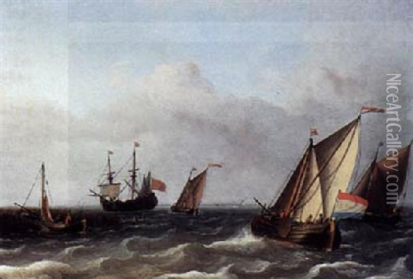 Dutch Smalschips In Choppy Water, With A Large Flute In The Distance And A Sailing Vessel Moored At A Jetty To The Left Oil Painting - Aernout (Johann Arnold) Smit