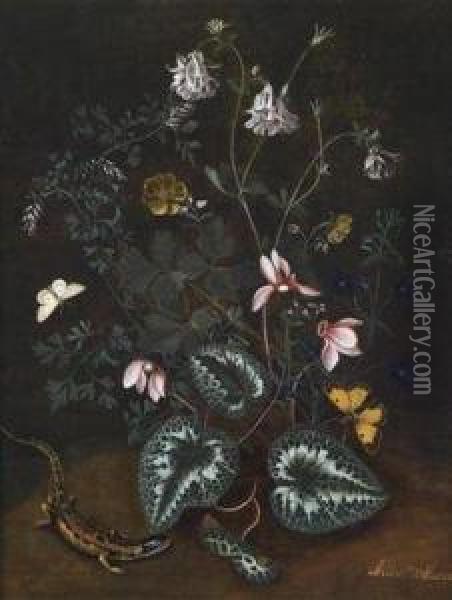 Aquilegia With Butterflies And A Salamander Oil Painting - Alida Withoos