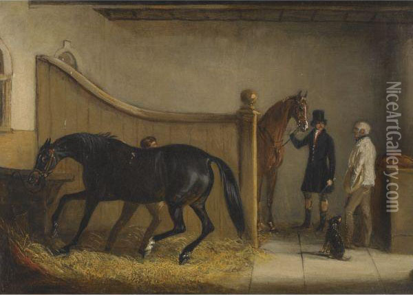 A Dark Bay And A Chestnut Hunter With A Huntsman And Other Figuresin A Stable Oil Painting - John Jnr. Ferneley
