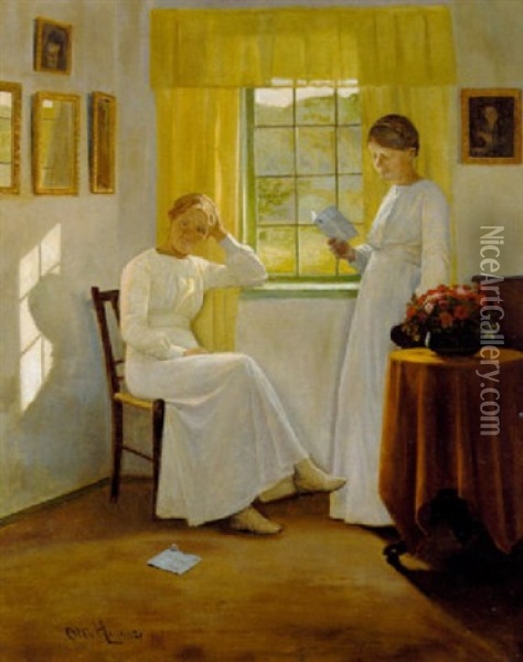 Interior Med Unge Piger Oil Painting - Otto Haslund