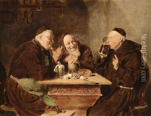 In A Monasterial Tavern. A Genre Scene Picturing A Group Of Three Drinking And Smoking Monks Behind A Table With Food. One Of Many Varieties Of Author's Classical Theme Oil Painting - Eduard von Gruetzner