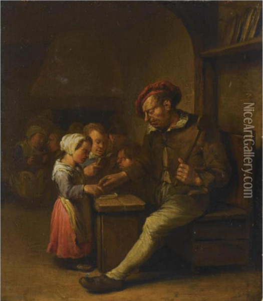 A Schoolroom Interior With A Teacher And His Pupils Oil Painting - Egbert Jaspersz. van, the Elder Heemskerck