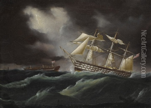 United States Ship Of The Line Coming To The Aid Of Frigate In Distress (ships In A Stormy Sea) Oil Painting - James Edward Buttersworth