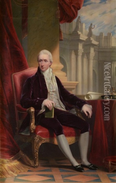 Portrait Miniature Of A Gentleman, Wearing A Purple Velvet Jacket And Breeches, Sitting In A Leather And Giltwood Armchair, An Inkstand And Papers At His Side, Classical Buildings Beyond Oil Painting - Henry Bone