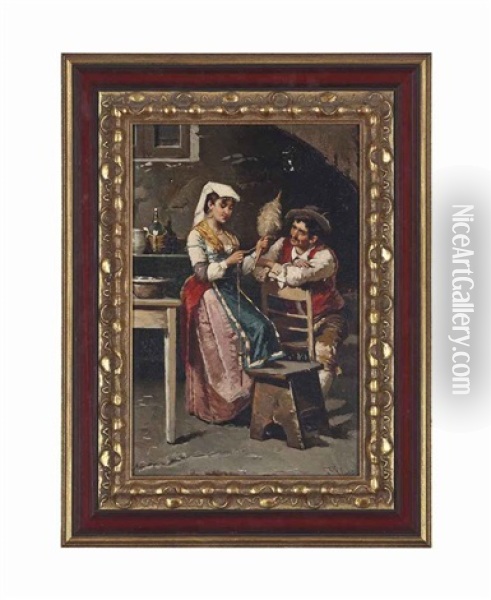 Spinning A Yarn; A Good Pipe (pair) Oil Painting - Francesco Peluso