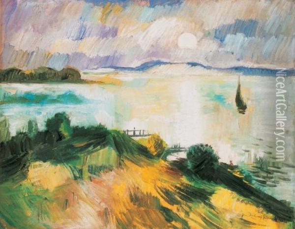 View Of Lake Balaton With A Sailing Boat Oil Painting - Bela Ivanyi Grunwald